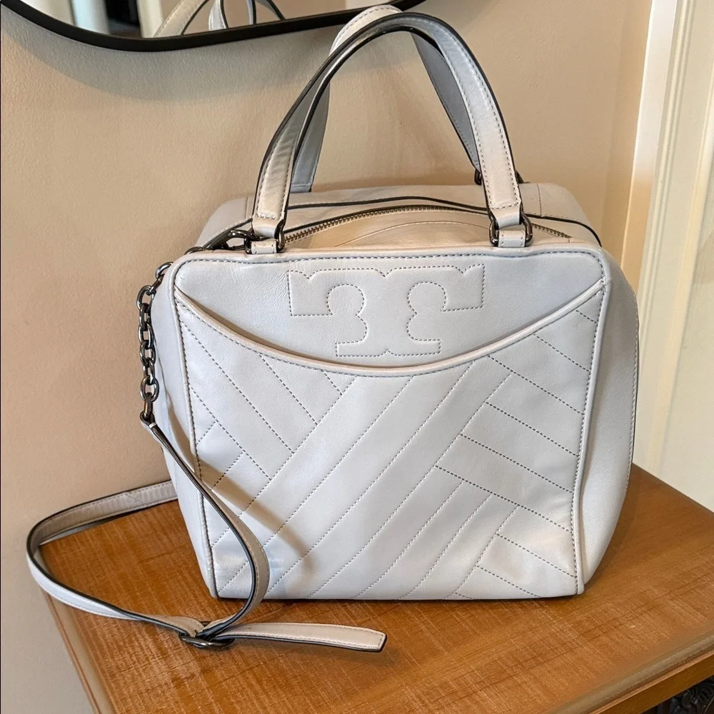 Tory Burch Fleming Satchel Gray Quilted Leather Chain Strap